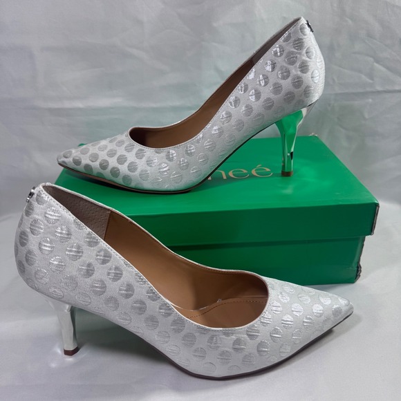 New J.Renee Women Kanan Silver Polka Dot Fabric Heels Pumps Dress Shoes Size 10M - Picture 4 of 14